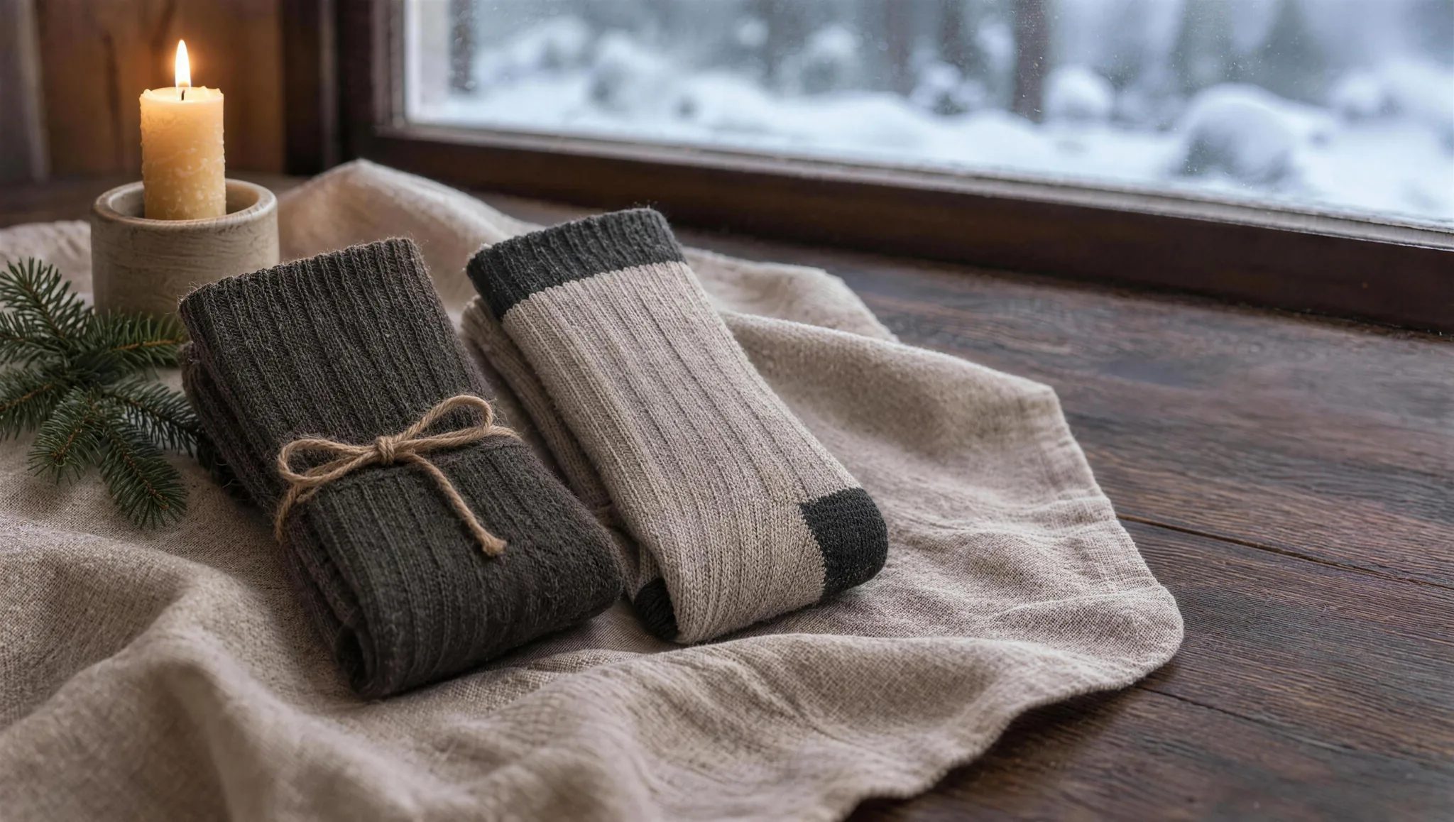 Zwei gefaltete Paar Alpakasocken, Rippe und Kontrastferse, auf Leinen neben Tannenzweig und Kerze am Winterfenster