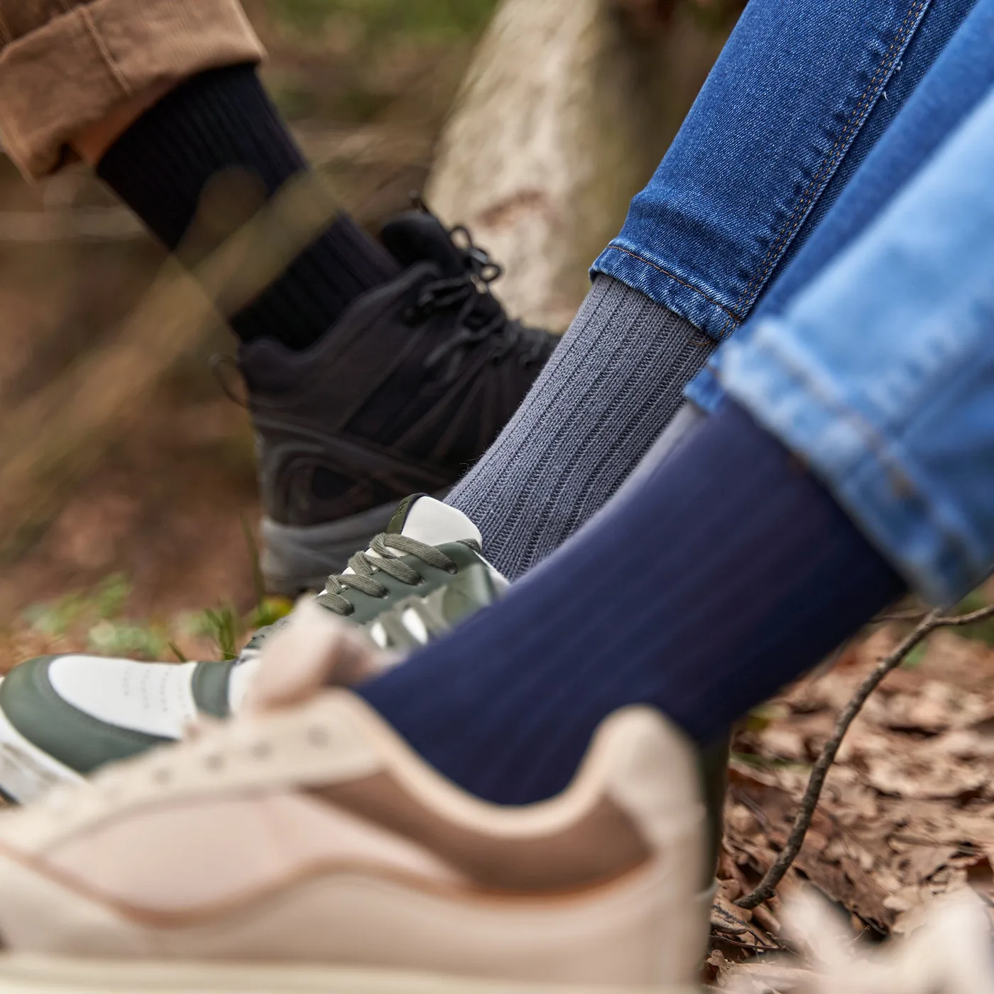Baumwollsocken in Sneakern, auf einem Baumstamm
