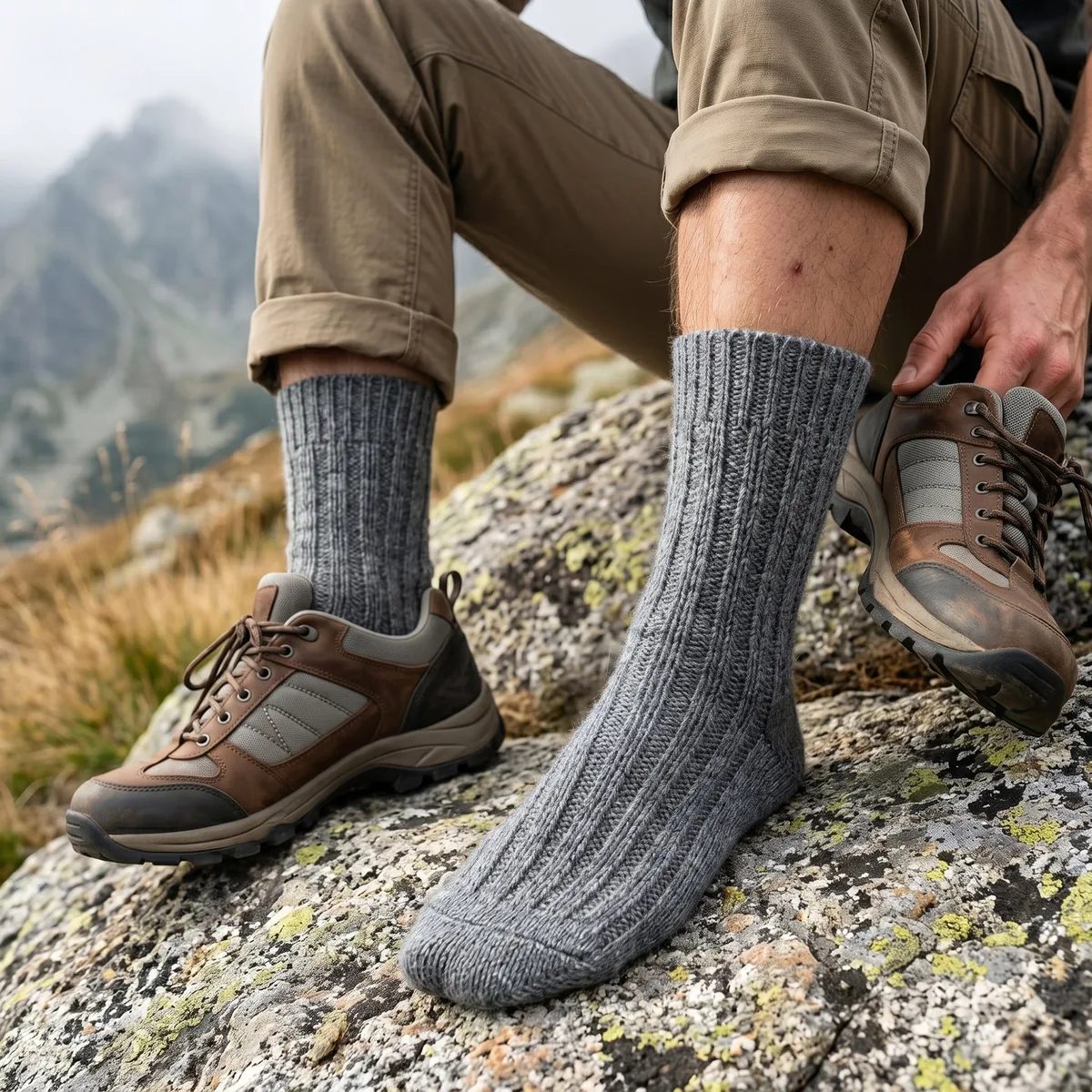 Rippen-Alpakasocken beim Schnüren der Wanderstiefel auf Fels